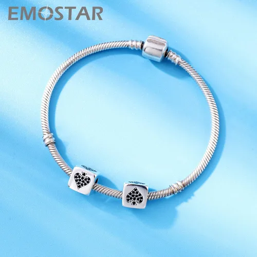 Vista 3 de EMOSTAR Abalorios de número 0-9 en forma de dados y cuentas de póquer, 4 trajes de cuentas, plata de ley 925 con circonita cúbica, se adapta a