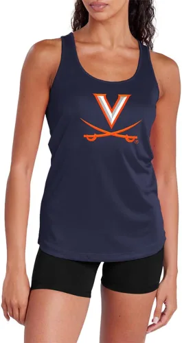 Vista 302 de Camiseta deportiva sin mangas oficial de NCAA Collegiate para mujer, con espalda cruzada, colección con logotipo primario