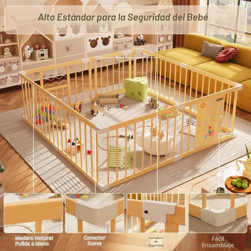 Vista 6 de Xilingol Corralito de madera para bebés con puerta de bloqueo, corralito extragrande para bebés y niños pequeños, centro de actividades