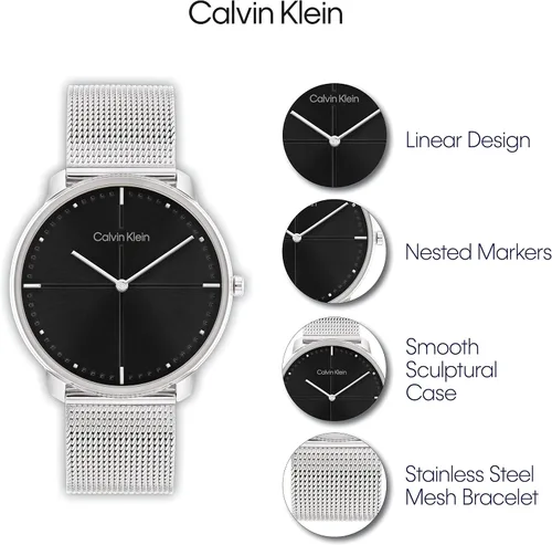 Vista 4 de Calvin Klein Reloj unisex de cuarzo de acero inoxidable y pulsera de malla, color plateado (modelo 25200152), plateado
