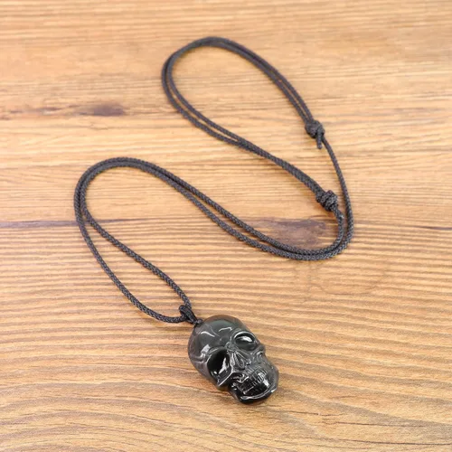 Vista 5 de COAI Collar con colgante de piedra de obsidiana negra, joyería de calavera, Piedra, obsidiana