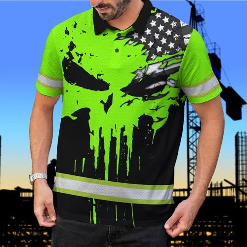 Vista 4 de Maddly Polo de alta visibilidad con diseño de calavera y bandera de Estados Unidos, ropa de trabajo patriótica con nombre personalizado