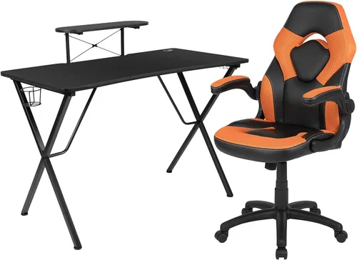 Vista 74 de Flash Furniture Juego de escritorio para juegos negro y silla de carreras blanco/negro con soporte para tazas, gancho para auriculares y soporte