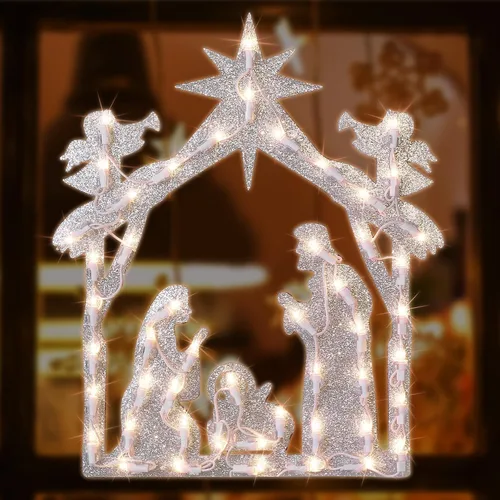 Vista 10 de LAMPHOME Decoración de Silueta de Ventana de Navidad de Lazo Rojo Iluminado de 18" con 50 Luces rojo (Red Bow)