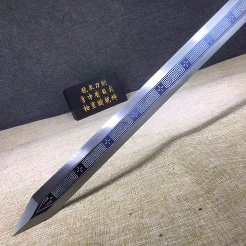 Vista 2 de Espada Han jian, hecha a mano, hoja de grabado de acero de alto carbono, vaina de madera maciza, Wushu
