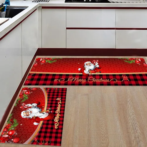 Vista 9 de Tapete de cocina de Feliz Navidad, 2 piezas, acolchado, antifatiga, alfombra de camino de cocina, camión rojo con árbol de Navidad, tapete de madera