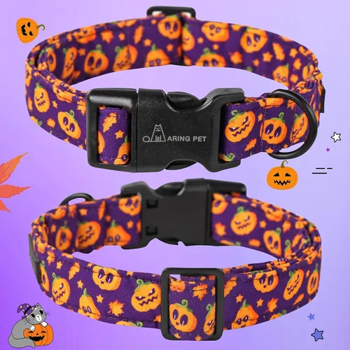 Vista 2 de Aring Pet Collar de algodón, ligero y ajustable, con hebilla de liberación rápida para perros pequeños, medianos y grandes, Halloween, morado