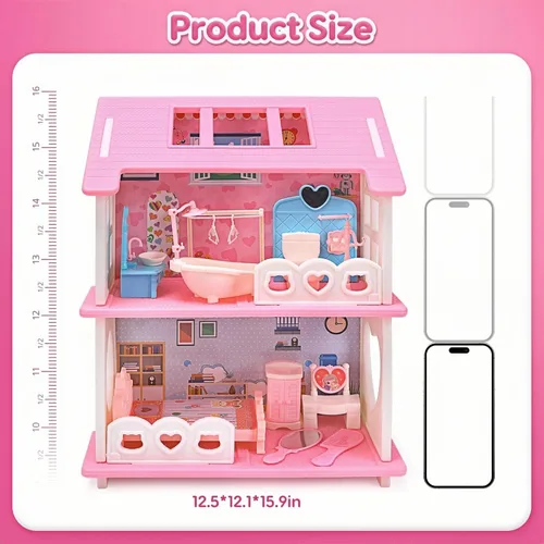 Vista 2 de Casa de muñecas, con sala de estar, dormitorio, baño, muebles de cocina, casa de muñecas de doble cara con 1 muñeca, 3 juegos de ropa, luces
