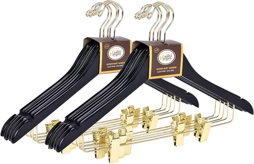Vista 9 de Perchas de madera de calidad para faldas con clips, paquete de 10 perchas lisas de madera maciza para pantalones con clips de metal ajustables