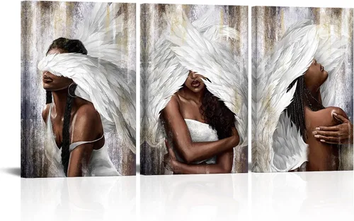 Vista 7 de sechars Lienzo artístico de pared de ángel, mujer negra con alas de ángel, impresiones de pintura moderna afroamericana, arte abstracto de niña