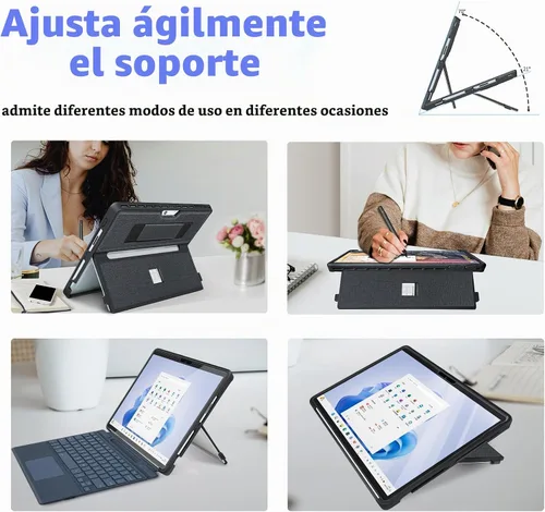 Vista 7 de Funda para Microsoft Surface Pro 11/10/9/8 de 13 pulgadas, con cubierta de soporte, correa de mano, funda resistente todo en uno compatible con Negro