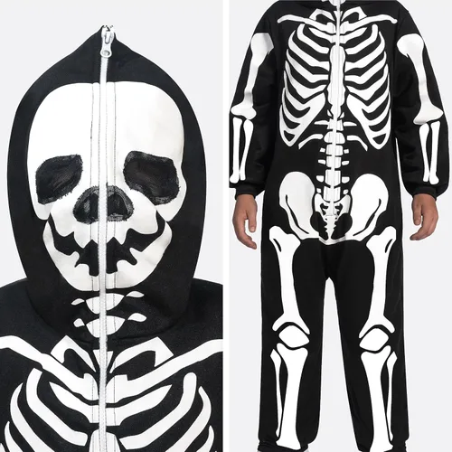 Vista 7 de Spooktacular Creations Pijama unisex de esqueleto para niños, pijama de felpa con cremallera que brilla en la oscuridad con capucha de esqueleto