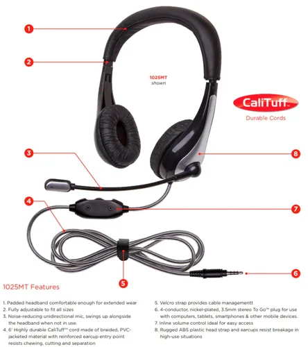 Vista 3 de Califone E2 Stereo Earbuds with Inline Volume Control, 3.5mm Plug, Black and White
