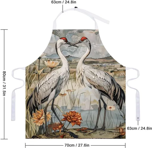 Vista 2 de MUSM Apron for Adults - 27.6 X 31.5 Inch, Heavy-Duty Polyester Aprons with Two Large Pockets, Waterproof Two Cranes Painting Kitchen Apron for