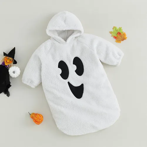 Vista 2 de Gueuusu Traje de bebé recién nacido con capucha, fantasma, monstruo verde, mameluco de manga larga mullido de una pieza