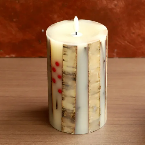Vista 2 de Velas de abedul real sin llama incrustadas con bayas rojas, velas de Navidad sin llama con control remoto, velas tipo pilar que funcionan