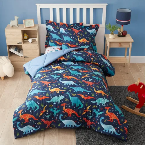 Vista 13 de PPOLCA Juego de edredón de dinosaurio azul tamaño individual para niños, ropa de cama de 5 piezas con sábanas y funda de almohada, súper suave