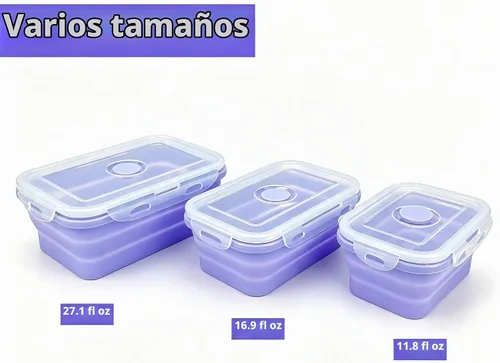 Vista 4 de Contenedores plegables morados para preparación de comidas, cuencos de campamento, caja Bento de silicona con tapa de plástico hermética, apto