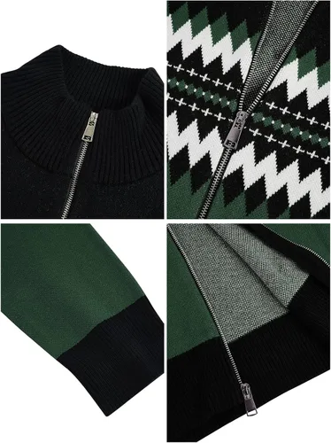 Vista 3 de Karlywindow Suéter de punto con cremallera completa para hombre, de algodón, casual, cuello alto, estilo noruego, chaqueta