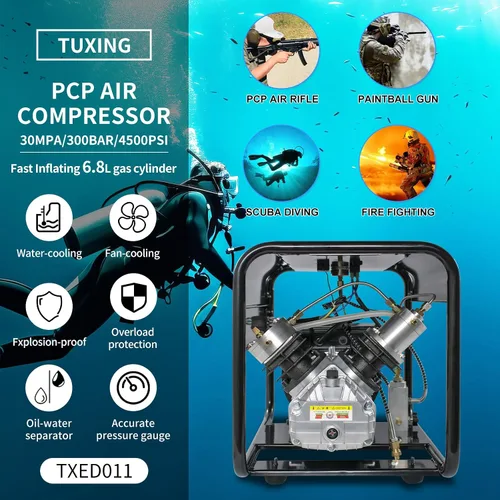 Vista 2 de TUXING Compresor Pcp de 4500 psi, compresor de aire de buceo de doble cilindro, versión de parada manual, bomba de aire de alta presión para pistola