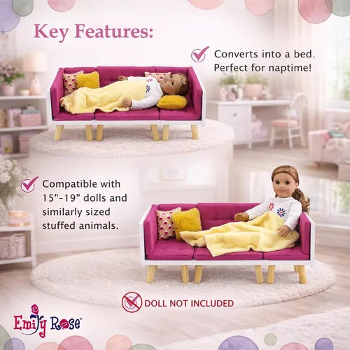Vista 7 de Emily Rose Juego de muebles de sala de estar de muñeca de 18 pulgadas, sofá modular convertible de madera de 19 piezas con TV, chimenea, cojines