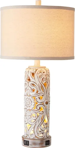 Vista 8 de Lámparas de mesa rústicas para sala de estar y dormitorio Lámpara de noche vintage con doble puerto USB, lámparas retro de resina blanca antigua