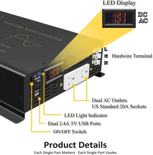 Vista 4 de Inversor de corriente de onda sinusoidal pura de 5000 W, 12 V CC a 120 VCA, 10 KW, arranque suave integrado, 2 salidas de CA duales, puerto USB