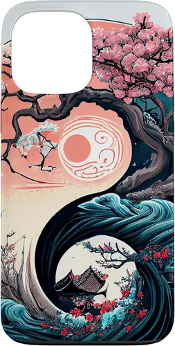 Vista 23 de Funda para iPhone 11 Pro Max Yin Yang Cherry Blossom Bonsái y Great Wave