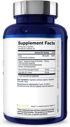 Vista 8 de 1MD Nutrition CholestMD con extracto de hoja de olivo, Bergavit, niacina, ajo 60 cápsulas