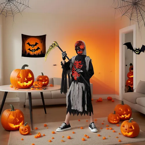 Vista 5 de FathiSooc Conjunto de disfraz de parca de Halloween, máscara de calavera LED, capa andrajosa, guantes de esqueleto, guadaña de calavera