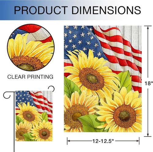 Vista 2 de Hzppyz Bandera patriótica de jardín de primavera y verano con girasoles del 4 de julio, Día de los Caídos, decoración para exteriores de doble cara