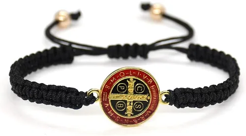 Vista 2 de Juego de 2 pulseras de cruz con medalla católica de la Virgen María y San Benito para hombres, mujeres, niños, niñas, adolescentes, pulsera