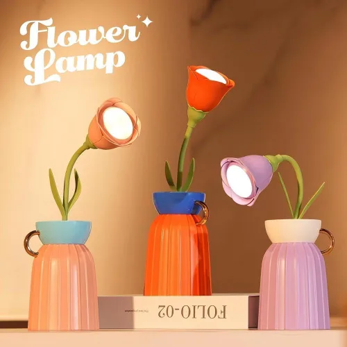 Vista 2 de Lámpara de escritorio de flores de rosas, atenuación infinita, temperatura tricromática, recargable, memoria de brillo, adornos decorativos