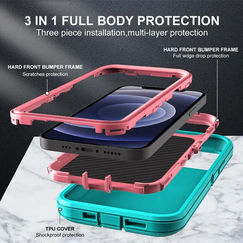 Vista 4 de YKHJKLEC Funda para iPhone 12 Mini, grado militar 3 en 1, resistente a los golpes, a prueba de caídas, polvo con 2 protectores de pantalla de vidrio