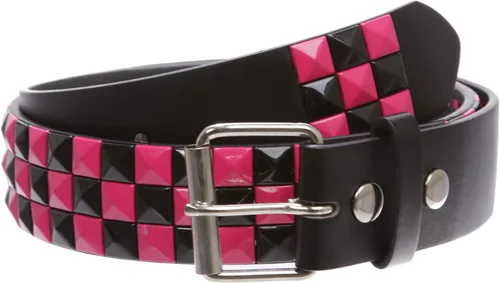 Vista 17 de Cinturón de piel con tachuelas Snap On, estilo punk, con estrella y pirámide, diseño de cuadros a cuadros Negro/Blanco