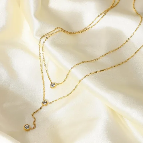 Vista 4 de foyjoey Collar de cadena de gota de cruz chapada en oro con forma de Y, doble corazón, estrella, perla larga, collar para mujer, acero inoxidable