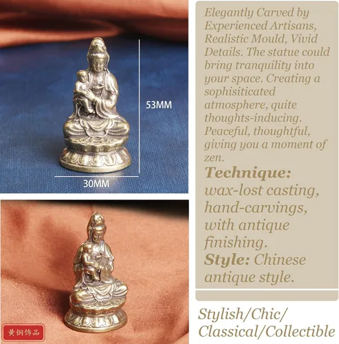 Vista 2 de Estatua de latón macizo Guan Yin Abrazo Bebé Metal Arte Diosa Estatua Religiosa Inspiradora Feng Shui Estatua de Buda Kwan Yin Meditación Pacífica
