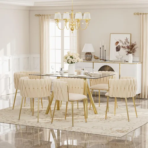 Vista 26 de Glam Style - Juego de mesa de comedor de 5 piezas para 4, mesa de comedor rectangular de vidrio templado de 51 pulgadas con base de metal dorado