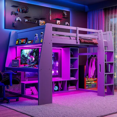 Vista 16 de KLMM Cama loft de madera creativa de tamaño individual con escritorio y estantes de almacenamiento múltiple, LED y un perchero para colgar ropa