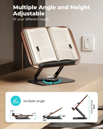 Vista 4 de Viozon - Soporte de libros para leer, portalibros, altura y ángulo ajustables, base giratoria de 360°, plegable y portátil, liviano para oficina
