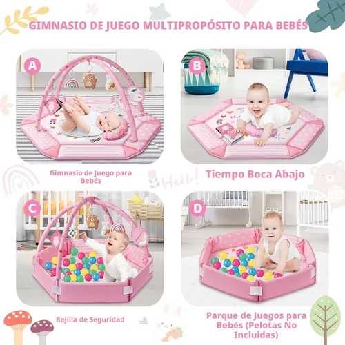 Vista 3 de Tapete de juego de gimnasio para bebé, tapete 8 en 1 para el tiempo boca abajo y pozo de pelotas con 6 juguetes, tapete de actividad lavable