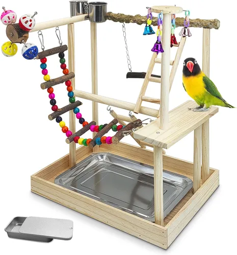Vista 8 de PINVNBY Parque infantil para pájaros, soporte de madera para ejercicio, perca, gimnasio, escalera, con comedero, columpio, juguetes para periquitos