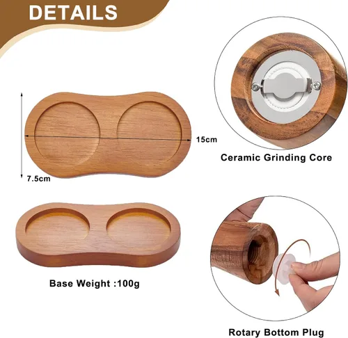 Vista 5 de Juego de molinillo de sal y pimienta, molinillo de pimienta de madera de acacia con grosor ajustable, molinillo de hoja de cerámica recargable