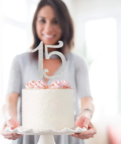Vista 6 de 15 decoraciones para tartas – diamantes de imitación plateados – 15 cumpleaños o aniversario Premium Silver Metal - Sparkly Rhinestone Cake