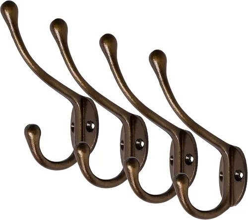 Vista 5 de Ganchos de pared vintage de hierro fundido (acabado de latón antiguo, juego de 4) – Ganchos rústicos para abrigos de granja Abrigos, bolsos