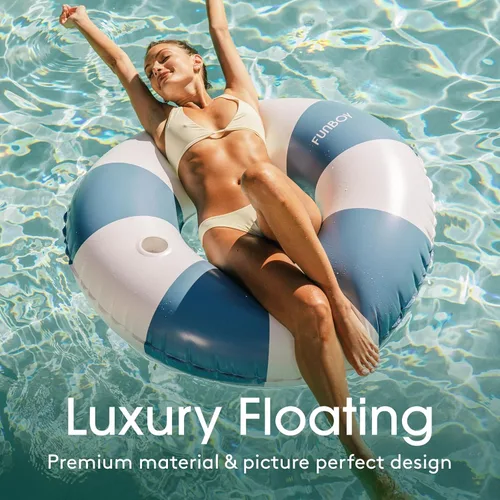 Vista 2 de FUNBOY Flotador inflable gigante de rayas azules con soporte para tazas, tubo interior de 48 pulgadas para adultos, tumbona de piscina
