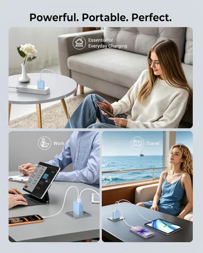 Vista 7 de Paquete de 3 cargadores de pared USB C, adaptador de corriente QC+PD 3.0 de doble puerto de 20 W, bloque de carga de doble enchufe rápido para Azul