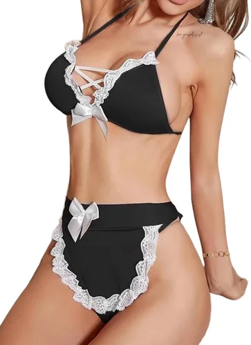 Vista 5 de Hilinker Conjunto de lencería sexy de 3 piezas para mujer, lencería de encaje para cosplay, juego de roles