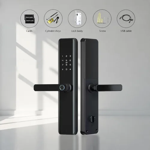 Vista 6 de Cerradura de puerta inteligente con asa, cerrojo de entrada sin llave con huella digital, teclado de pantalla táctil, control de aplicación Tuya