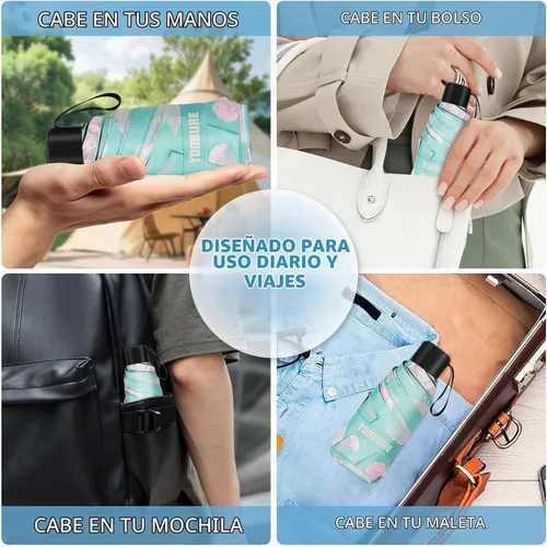 Vista 3 de Yoobure Mini Travel Umbrella with Case, Compact Folding Umbrella Flor de melocotón azul